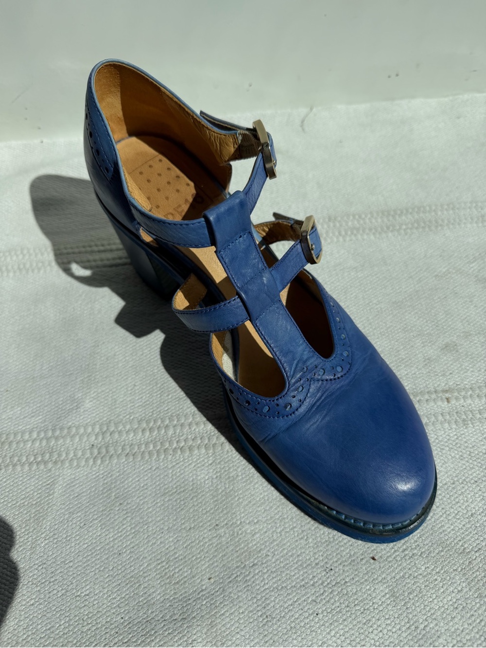 Handmade Blue Double T-Strap Leather Block Heels Sz 39